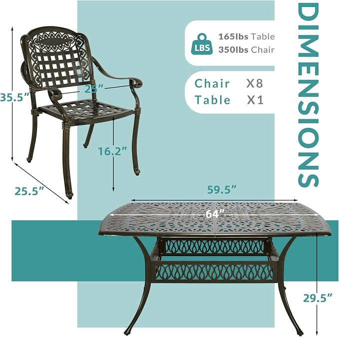 MEETWARM 9-Piece Outdoor Furniture Dining Set for 8, All Weather Cast Aluminum Patio Dining Set- Large 64" Square Table and 8 Chairs, Patio Table and Chairs Set for Garden, Umbrella Hole, Dark Bronze