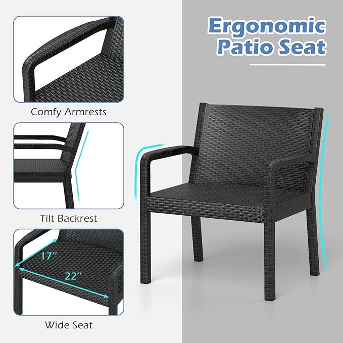 Tangkula 3 Piece Patio Furniture Set, Outdoor Wikcer Conversation Set with 2 Rattan Armchair & 25" Square Side Table, for Patio, Garden, Poolside, Bistro (Black)