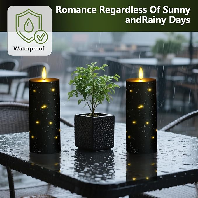 kakoya 10" x 4" Large Outdoor Waterproof Flickering Flameless Candles with Timer,4Pcs Battery Operated LED Pillar Candles with Embedded Star String for Outdoor Lanterns,Porch,Patio Decor(Black)
