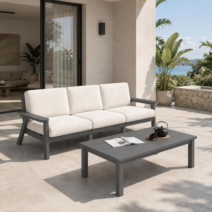 HDPE Outdoor Coffee Table, Weather-Resistant Rectangle Patio Coffee Table with Large Tabletop for Balcony, Deck, Garden, Poolside (Grey)