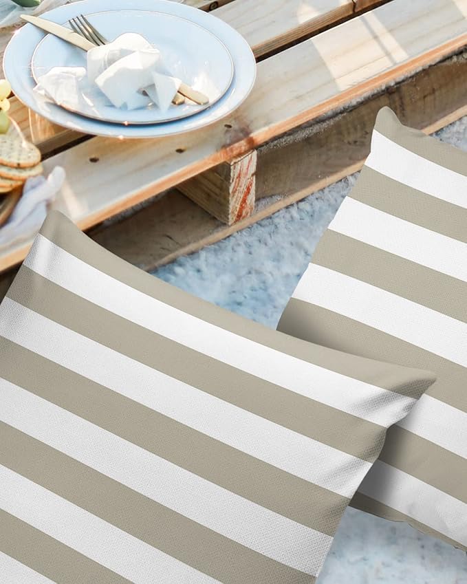 ALAGEO Outdoor Waterproof Pillow Covers for Patio Furniture Solid Striped Decorative Throw Pillow Cover Beige Pillowcases Set of 2 Cushion Case for Sofa Couch Chair Home Decor 24 x 24 Inches
