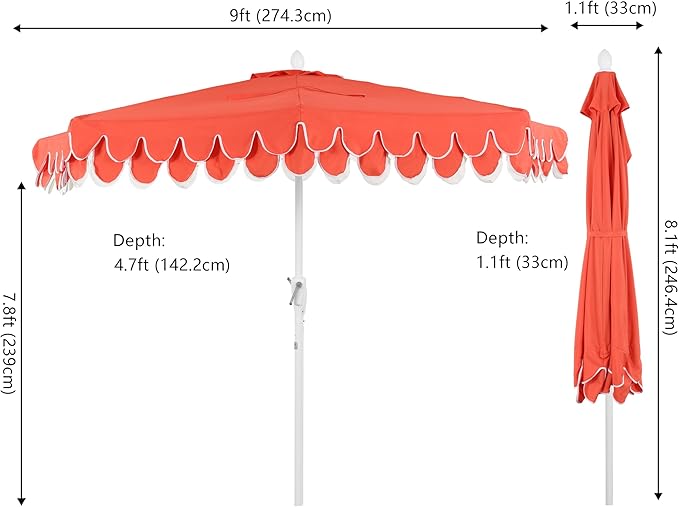 Eyely BMU1202 Noah 9 ft. Classic MidCentury Scalloped Fringe Market Patio Half Umbrella with Crank for Garden, Pool & Deck, Tilt Button and UV Protection