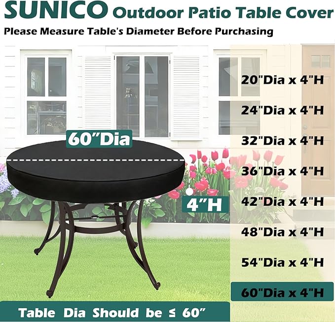 SUNICO Outdoor Round Dining Table Cover 60" Dia, Patio Table Cover Round for Patio Circle Coffee Table & Dining Table & Picnic Table.Windproof, Waterproof, Stain-Resistant, Durable Table Cover