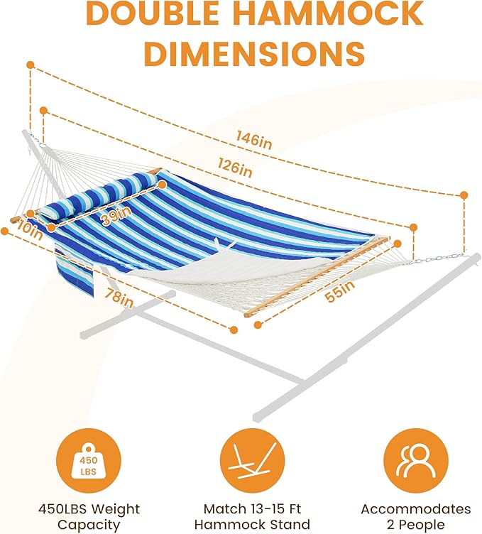 Lazy Daze Hammocks Rope Hammock with Pad, Spreader Bar, Carabiners, Tree Straps, Chains for Outside Patio- Max 450 Lbs, Ocean Stripes