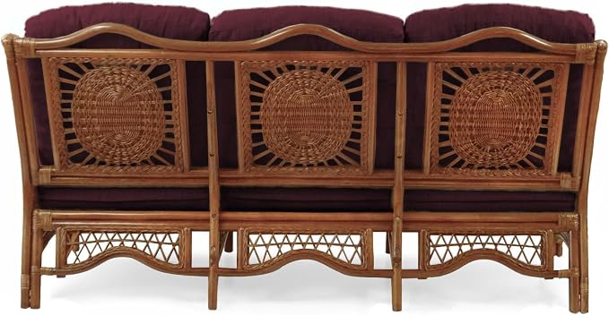 Malibu Lounge Set of 4: 2 Natural Rattan Wicker Chairs, Three-Seater Sofa with Cushions and Coffee Table with Glass Handmade, Colonial Color