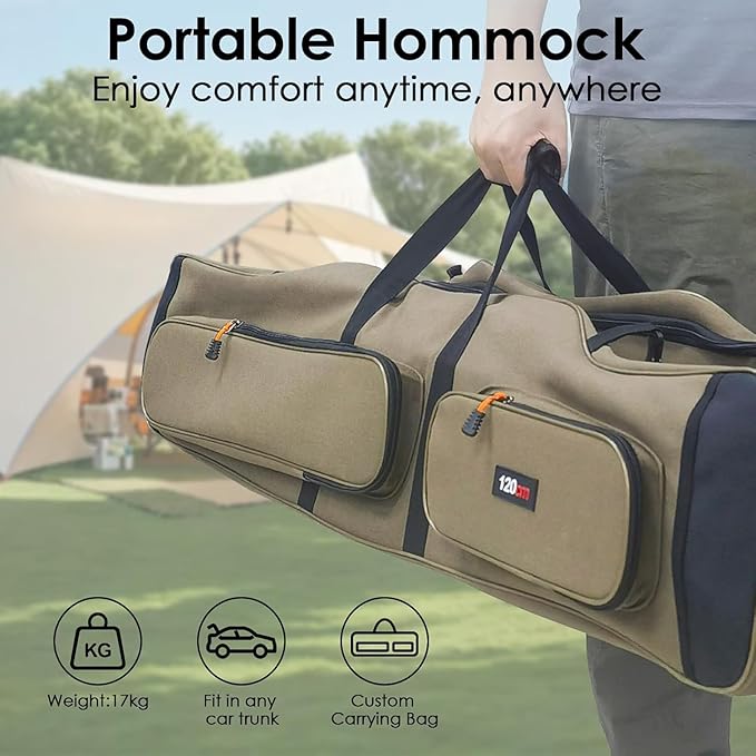 Portable Hammock with Quick Setup Folding Stand & Adjustable Sunshade Canopy & Storage Bag, Adult/Child Hammock Chair, for Camping Home Garden Hotel Outside Beach Forest (Black+Orange)