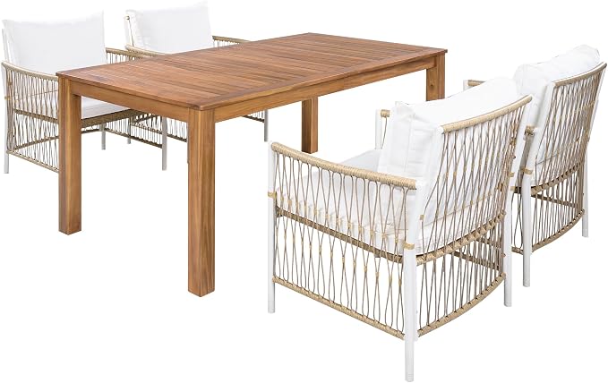 Merax 5 Piece Patio Dining Set, Outdoor Acacia Wood 67 Inch Dinning Table with Sturdy Legs and 4 Rattan Arm Chairs w/Cousions & Pillows for Backyard,Balcony, Garden, Poolside, Natural
