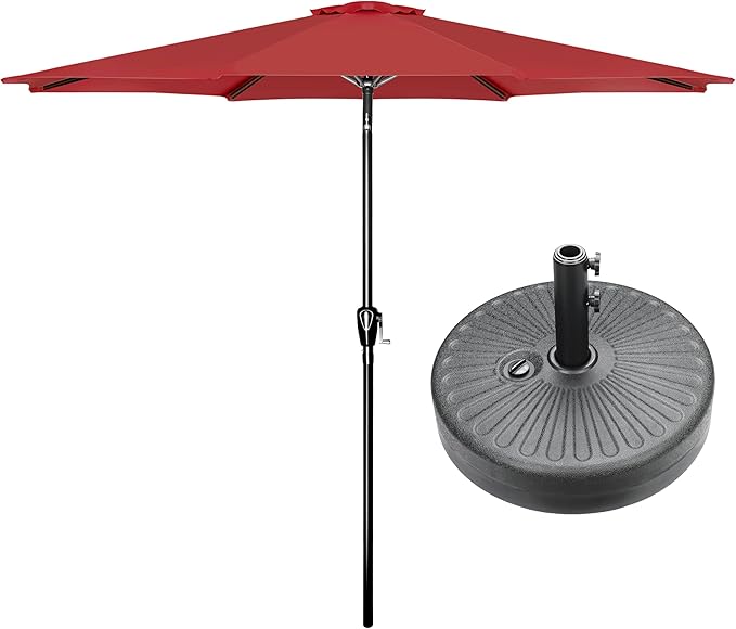 HealSmart 9' Patio Table Umbrella with Button Tilt, 8 Sturdy Ribs, 50lbs Base Stand Included, for Garden, Backyard, Deck, Pool, Red