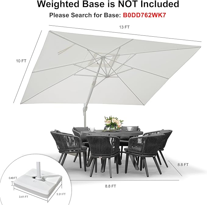 PURPLE LEAF 10' × 13' Patio Umbrella White Cantilever Umbrella Aluminum Square Outdoor Offset Umbrella Hanging Windproof with 360° Rotation for Garden Deck Pool, White