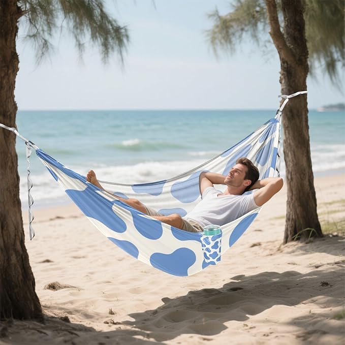 Cow Print Blue 330lb Capacity Camping Hammock with Tree Straps Cloth Hammock for Outside Beach Patio Garden Base para hamaca