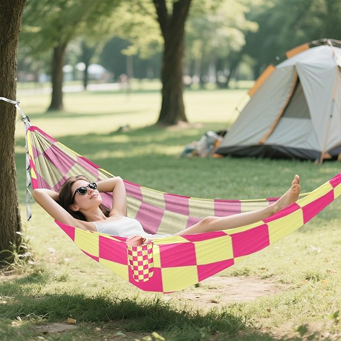 Pink and Yellow American Plaid 330lb Capacity Outdoor Hammock Tree Hammock for Patio Backyard Lounge Base para ir de Camping