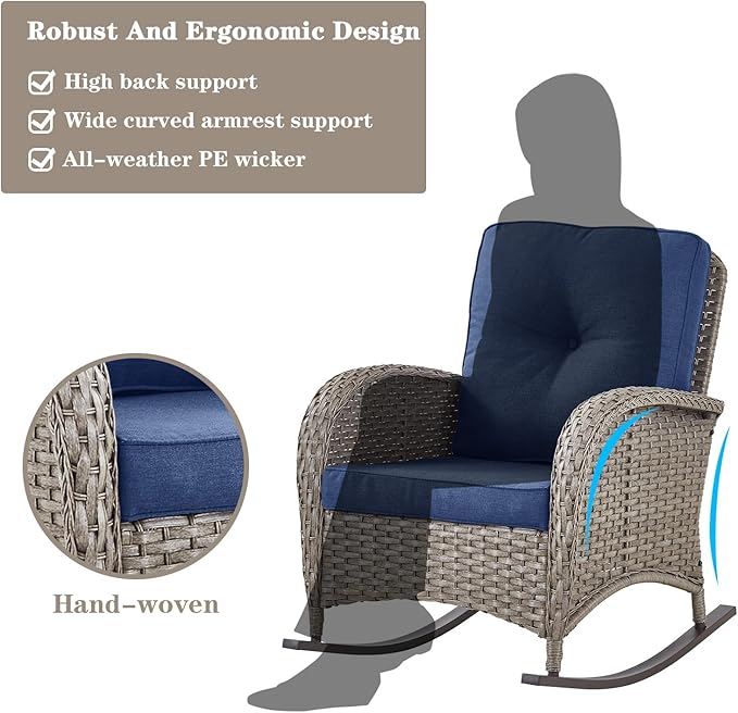 Belord 5 Piece Outdoor Conversation Patio Furniture Set - All-Weather Wicker Patio Rocking Chairs with Loveseat Glider Chair and Coffee Table for Patio Deck Porch Backyard Gray Wicker Blue Cushion