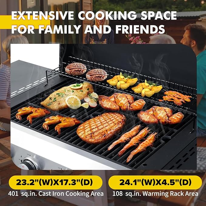 CIG GARDEN 4-Burner Propane Flat Top Grill, 42,000 BTU Stainless Steel Commercial-Style Griddle for Patio, Backyard, Camping & Outdoor BBQ