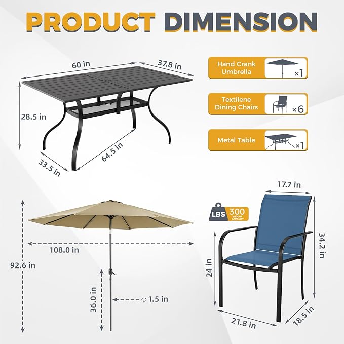 7-Piece Patio Dining Set with Umbrella,6 Person Outdoor Table and Chairs Set, 6 Metal Dining Chairs and Rectangular Outdoor Table with 1.57" Umbrella Hole,Blue