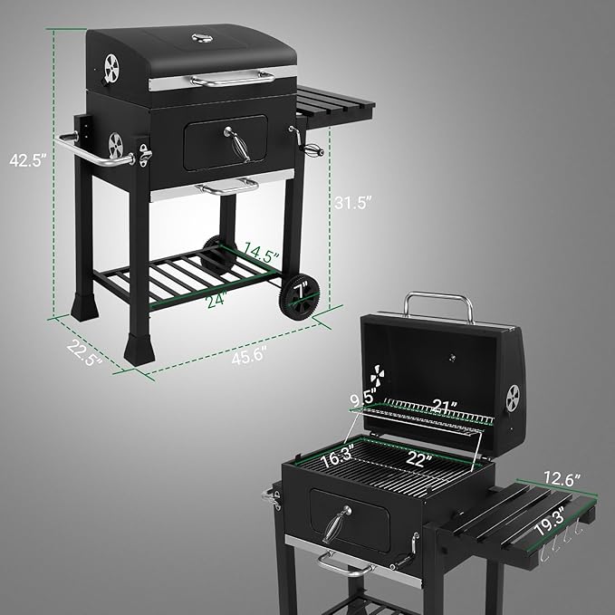 Outdoor BBQ Charcoal Grills,Heavy Duty Charcoal Grill,Metal Outdoor Barbecue Smoker,Portable Camping Barbecue Grills,with Foldable Side Tables,for Garden, Backyard, Patio, Picnics, Party (Black)