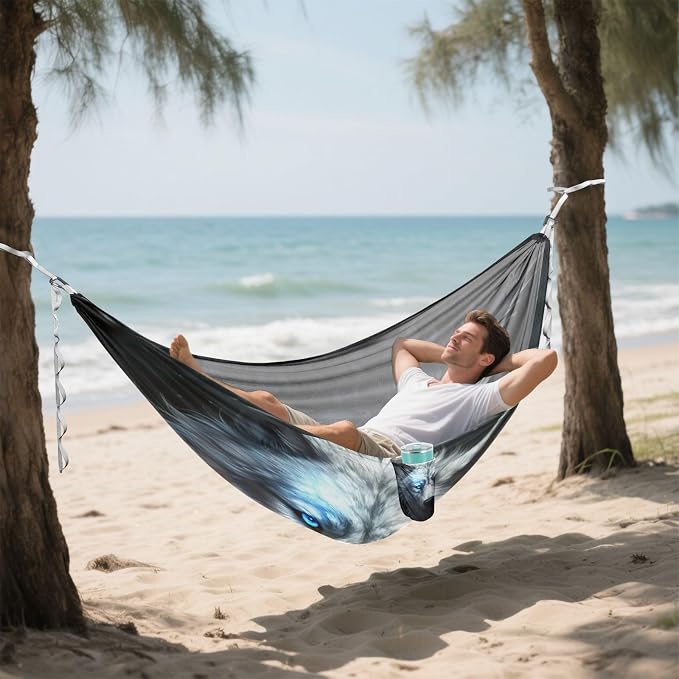 Wolf Camping Hammock, Portable Lightweight Single Hammock with Tree Straps and Aluminum Carabiners, 114" x 54" Travel Hammock for Hiking Backpacking Beach