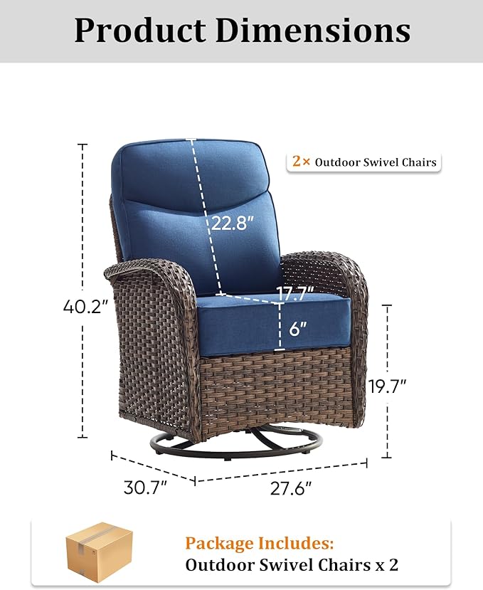 2-Piece Luxury Patio Conversation Set with 6-Inch Thick Cushions, High-Back Outdoor Swivel Rocking Chairs & Side Table, All-Weather Furniture Set for Porch, Deck, Balcony or Backyard – Blue