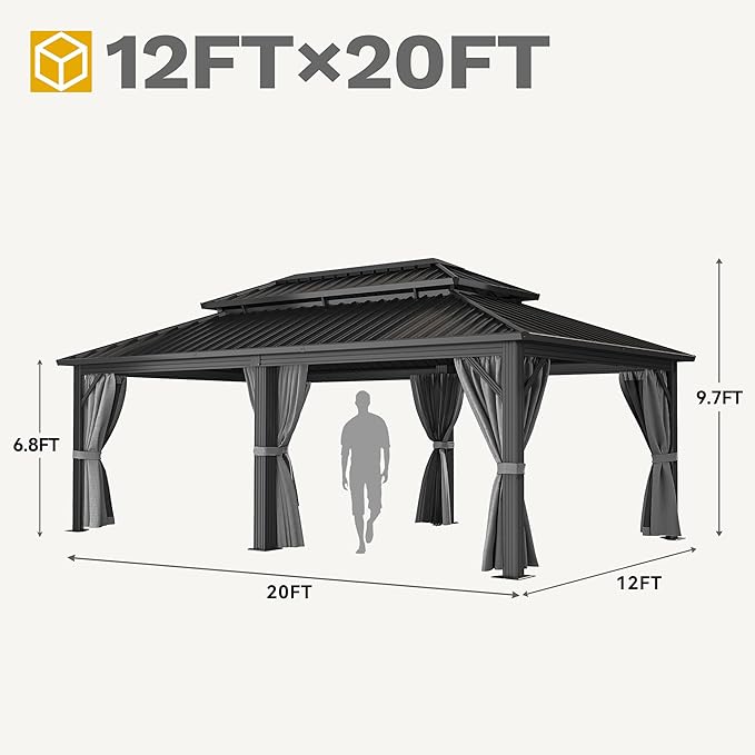 DWVO 12x18ft Gazebo Double Roof Hardtop with Nettings and Curtains, Heavy Duty Galvanized Steel Outdoor Vertical Stripes Roof for Patio, Backyard, Deck, Lawns, Brown