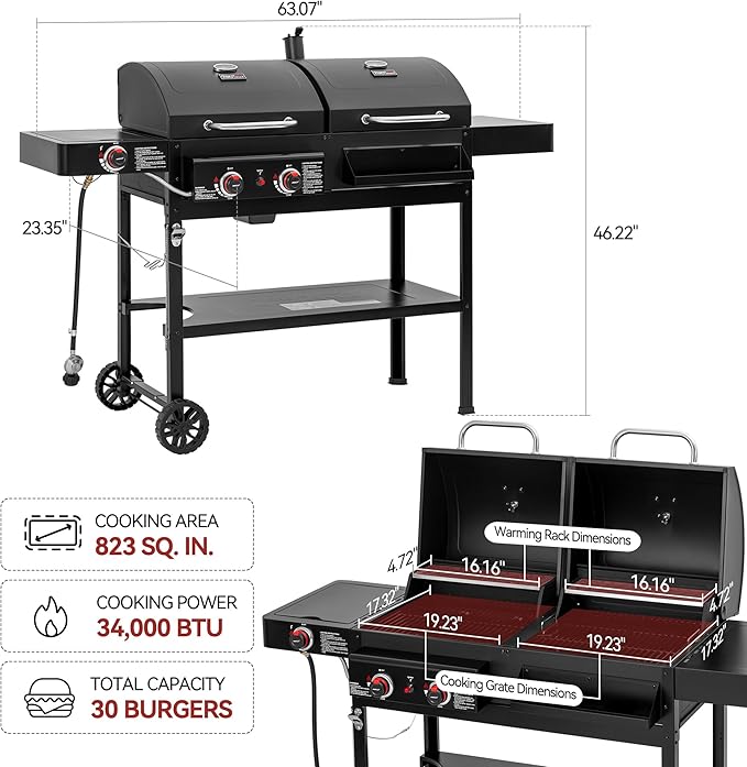 ZH3005 2-Burner Gas and Charcoal Combo Grill with Side Burner, 34,000 BTU Dual Fuel Grill, 823 Sq. In. Cooking Area, for Outdoor Patio Garden Picnic Backyard Cooking, Black