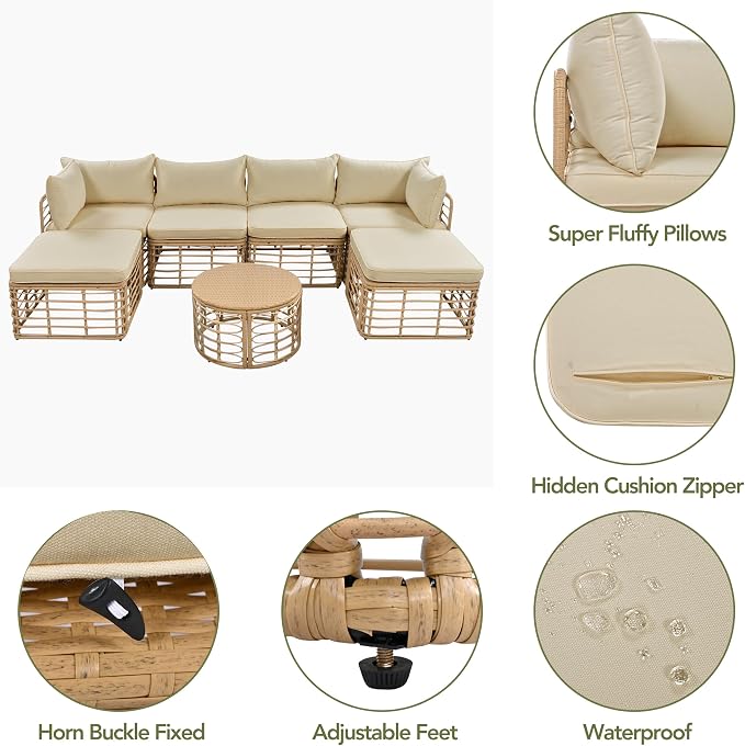 LUMISOL 7-Piece Rattan Patio Furniture Set, Boho Outdoor Conversation Set Sectional Sofa with Thick Cushions, Single Sofa Chairs, Ottomans & Coffee Table for Backyard & Garden, Brown