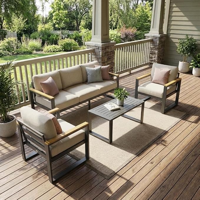 Aluminum Outdoor Patio Furniture - 1 Pcs 3-Seat Sofa and Coffee Table, All-Weather Metal Modern Outside Furniture with Washable Thick Cushion for Balcony, Garden, Deck, Backyard,Beige