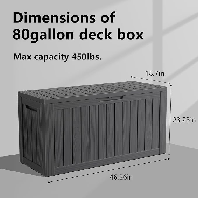 80 Gallon Deck Box with Lock - Resin Waterproof Outdoor Storage Box for Patio Furniture,Garden Tools,Cushions,Pool Accessories(Black)