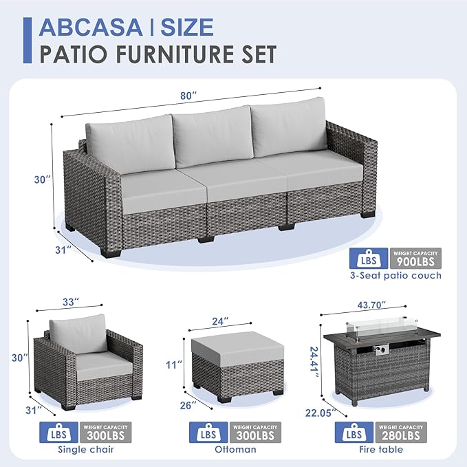 ABCASA 8-Piece Patio Furniture Set with Fire Pit Table | Indoor Comfort for Outdoor Living | Weather-Resistant Wicker & Ultra-Thick Cushions | Grey Patio Conversation Set for Deck, Porch, Poolside