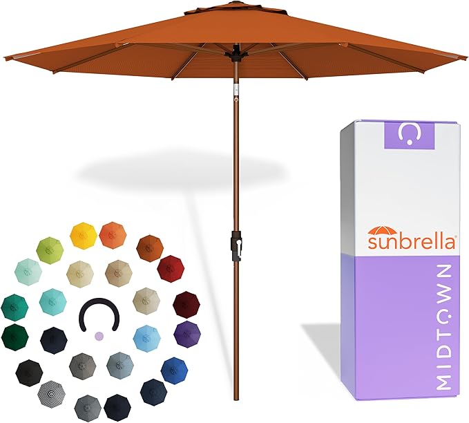 Midtown Umbrellas Wooden 2-8 Ft Patio Umbrella with 360° Swivel & Tilt Mechanism, 8 Fiberglass Ribs & Sunbrella Fabric - Outdoor Umbrella for Deck, Pool & Garden - Burgundy Canopy, Wooden Pole