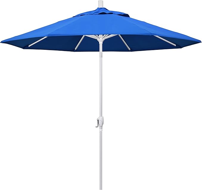 California Umbrella 9' Round Aluminum Market Umbrella, Crank Lift, Push Button Tilt, White Pole, Royal Blue Olefin