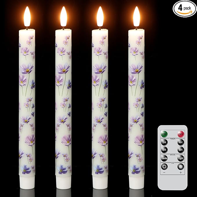 Wondise Flameless Flickering Candles with Remote and Timer, 4 Pack Real Wax Battery Operated LED Taper Candles 3D Wick Purple Flower Decal for Dinner Wedding Spring Home Decor(0.78" D x 9.64" H)
