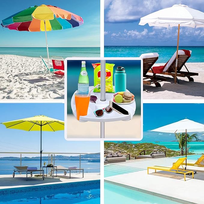 AMMSUN 17" Beach Umbrella Table Tray with 4 Cup Holders, 4 Snack Compartments for Beach, Patio, Garden, Swimming Pool 17 Inch, White
