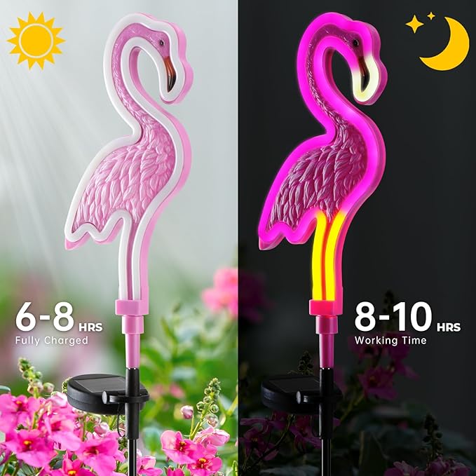 Solar Flamingo Lights,Pink Neon Flamingo Solar Lights,Outdoor Garden Decor,Gift for dad,Housewarming Gift,Decorative Outdoor Light for Yard (2 Pack)