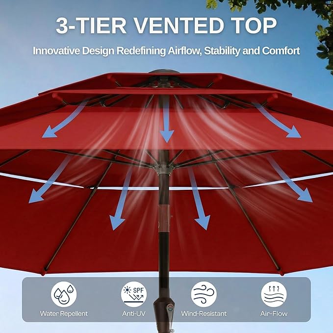 10ft Patio Umbrella, 3 Tier Outdoor Market Table Umbrellas with 8 Fiberglass Ribs and Push Button Tilt, Windproof, Vented Canopy, UV Protection for Deck, Pool, Backyard