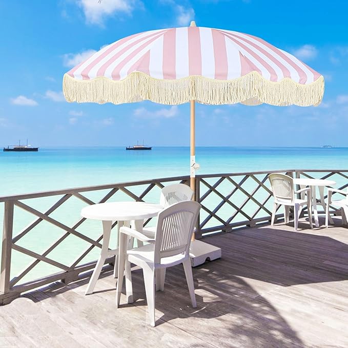 6ft Outdoor Boho Umbrella With Tassels Pink And White Striped Patio Umbrella UPF 50+ Protection Beach Umbrellas For Sand 8 Ribs Fringe Umbrella With Tilt Market Table Umbrella for Pool Backyard