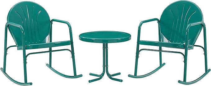 Crosley Furniture Griffith 3-Piece Outdoor Rocking Chair and Side Table Set, Retro Metal Bistro Patio Sets, Turquoise Gloss