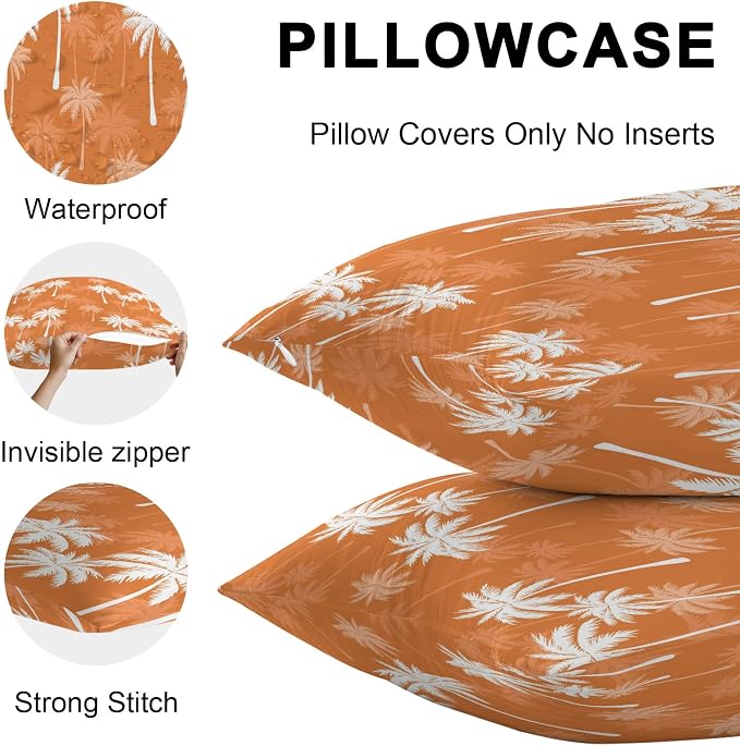 Lumbar Pillow Covers 20x12 Inch Set of 2, Tropical Palm Tree Waterproof Outdoor Pillow Covers, Orange White Plants Coastal Leaf Beach Decorative Cushion Pillowcases for Couch, Sofa, Bed, Garden, Patio