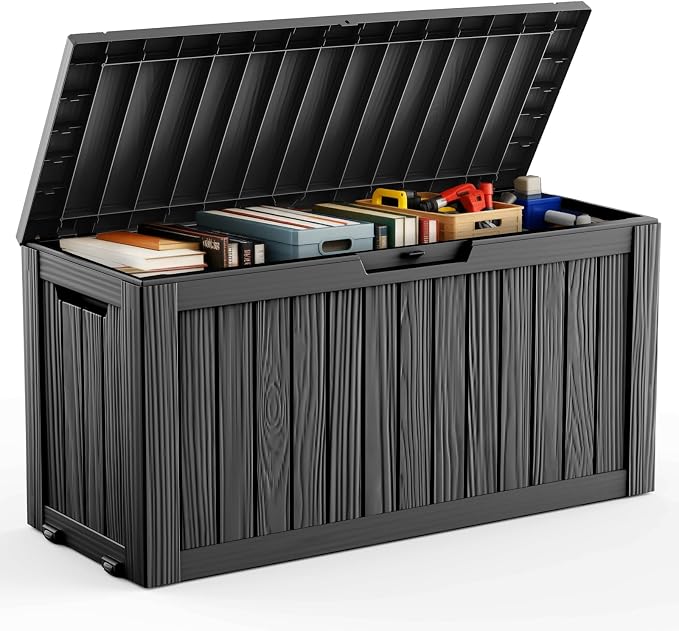 DRATO 75 Gallon Deck Box, Waterproof Resin Large Outdoor Storgae Box for Patio Furniture, Patio Cushions, Gardening Tools, Pool Supplies, Lockable (Black, 75 Gallon)