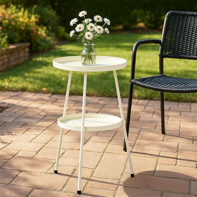 2 Tier Metal Round Side Table, Outdoor End Table for Small Spaces, Indoor Outdoor Nightstand for Living Room, Bedroom or Office (Cream)