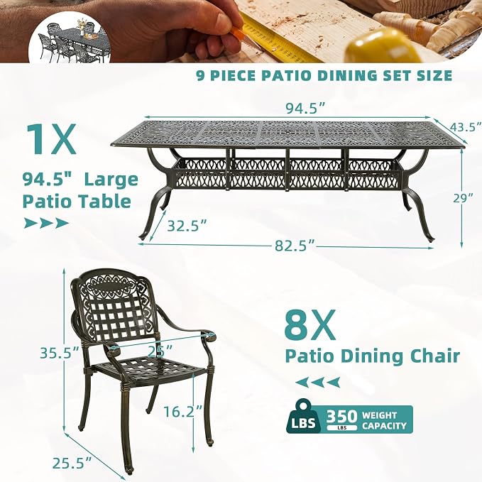 MEETWARM 9-Piece Outdoor Patio Dining Set, All Weather Cast Aluminum Patio Funiture Set for 8-94.5” Rectangular Table with 2" Umbrella Hole and 8 Chairs, Patio Table and Chairs Set, Dark Bronze