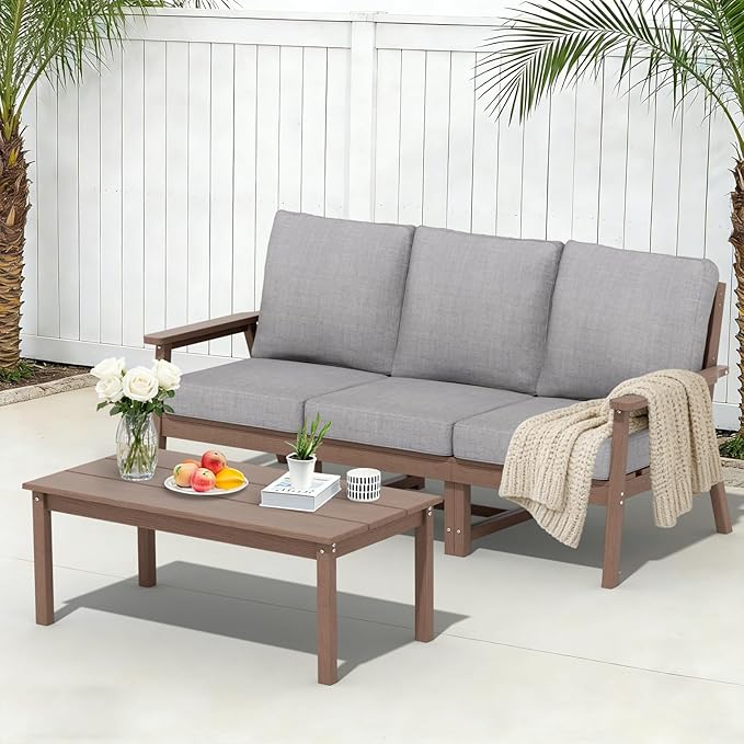 LOUNZY HDPE Outdoor Furinture Set, 4 Piece Sectional Sofa Outdoor Furniture Set, All Weather Outdoor Couch Set Patio Furniture Set for Deck, Lawn, Brown
