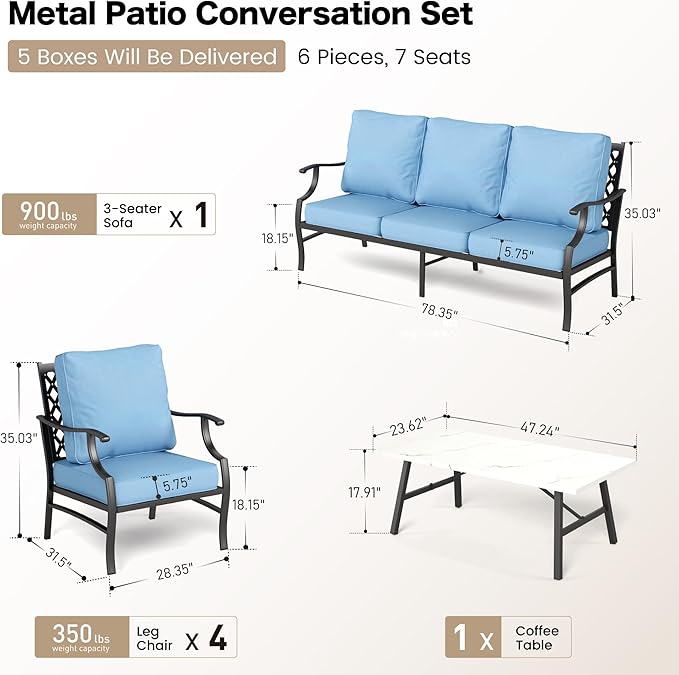 6 Piece Metal Outdoor Patio Furniture Set, Patio Conversation Sets 1 3-Seater Sofa, 4 Fixed Chairs with 5.75" Thick Cushion and Coffee Table, Backyard Furniture Set for Deck, Blue