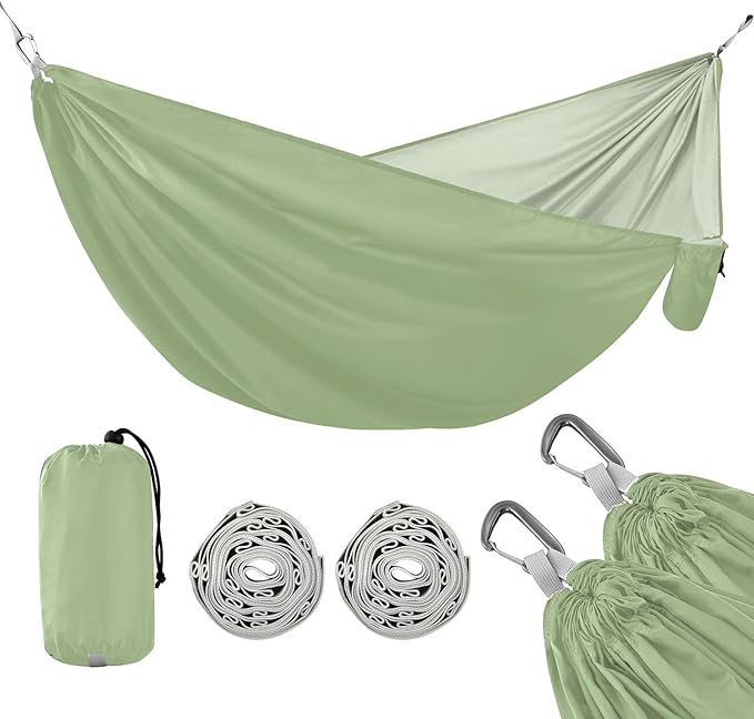 Sage Green Solid Color Camping Hammock, Portable Lightweight Single Hammock with Tree Straps and Aluminum Carabiners, 114" x 54" Travel Hammock for Hiking Backpacking Beach