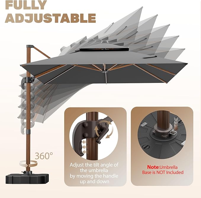 10x13FT Cantilever Outdoor Patio Umbrellas, Double Top Wood Pattern Rectangle Umbrella, Heavy Duty 360°Rotation Offset Umbrella for Garden Deck Pool Patio, Grey