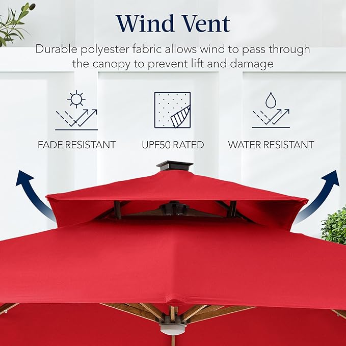 Best Choice Products 10ft Square Cantilever Patio Umbrella w/Base Included, Woodgrain Pattern Pole & Solar LED Lights, 360-Rotation, Offset Hanging Outdoor Shade
