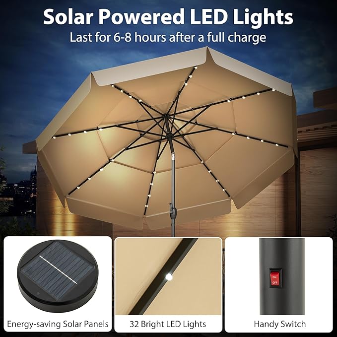 Tangkula 10 FT Solar LED Patio Umbrella, 3-Tiers Scalloped Outdoor Table Market Umbrella with 32 LED Lights, Tilt Adjustment, Crank, 8 Sturdy Ribs for Pool, Deck, Backyard (Beige)