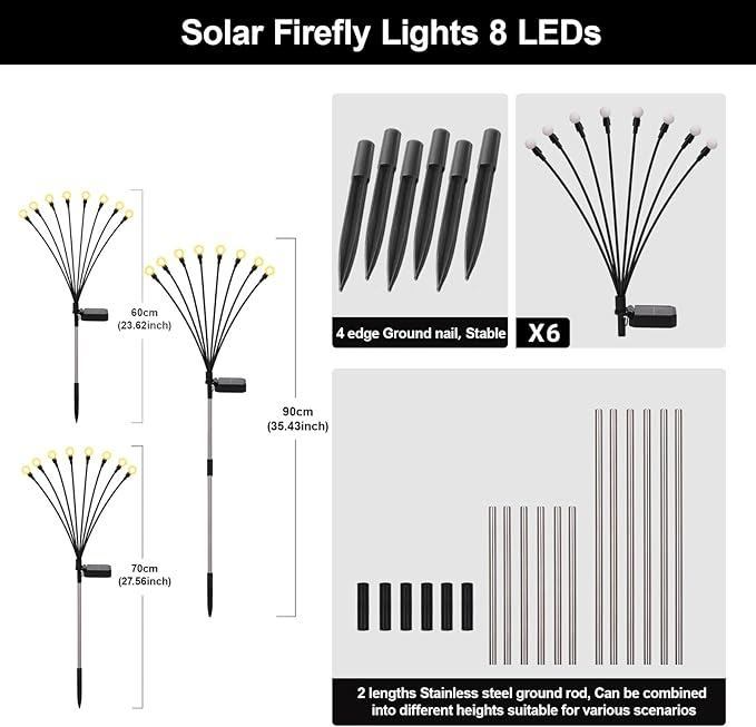 Solar Firefly Lights Outdoor, 8 Modes 800mAh Swaying Flashing Firefly Garden Lights Solar Powered Waterproof for Outside Yard Patio Pathway Lawn Christmas Garden Decor Warm White (6 Pack)