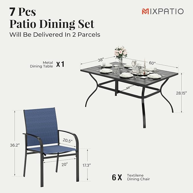 MIXPATIO Outdoor Table and Chairs, Patio Dining Sets for 6 with Blue Chairs and Metal Rectangular Table for Deck Backyard Lawn Poolside