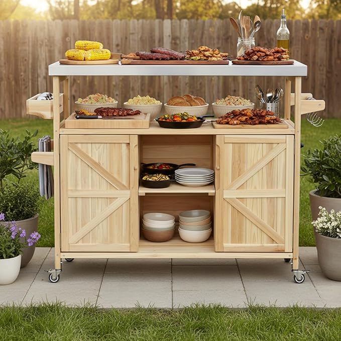 Outdoor Grill Table Bar Cart with Stainless Steel Top, Farmhouse Solid Wood Outdoor Kitchen Island with Spice Rack and Towel Rack, Rolling Island Cart for Kitchen, BBQ, Garden, Patio, Natural
