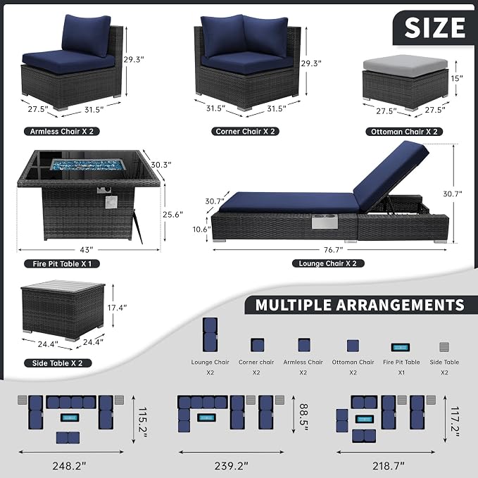 BULEXYARD 11 Piece Large High Back Grey Rattan Patio Furniture Sets with Firepit Table and Loungers, Comfortable Deep Wide Seat Outdoor Sectional Conversation Sofa, Gray Wicker and Navy Blue Cushion