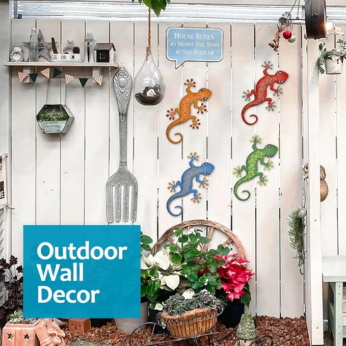 4 Pcs Metal Gecko Outdoor Decorations - Metal Wall Art Hanging Sculpture Decoration for Garden Yard Fence Porch Exterior Wall Decor